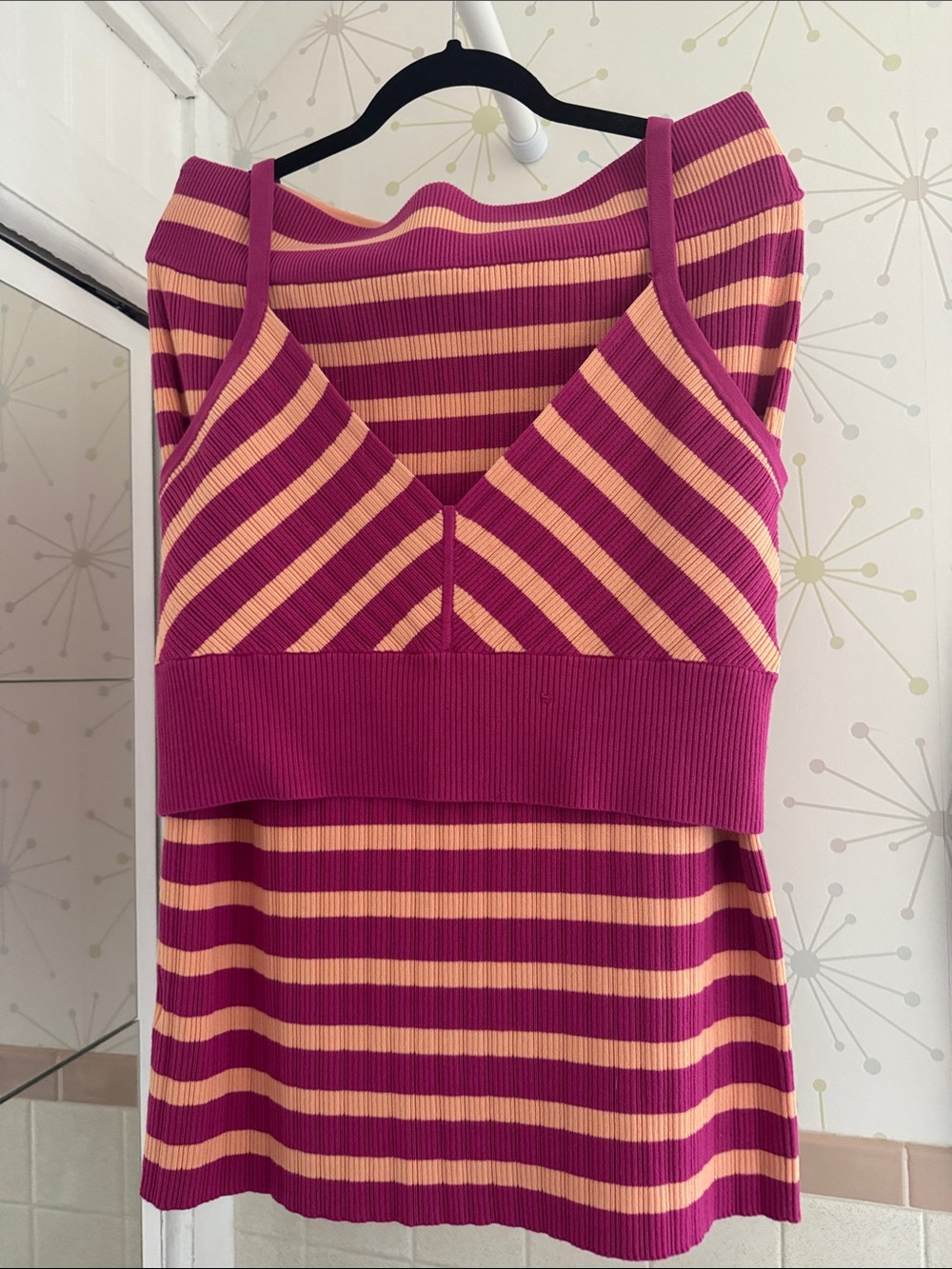Club Monaco Striped Ribbed Skirt Set in Fuchsia and Peach